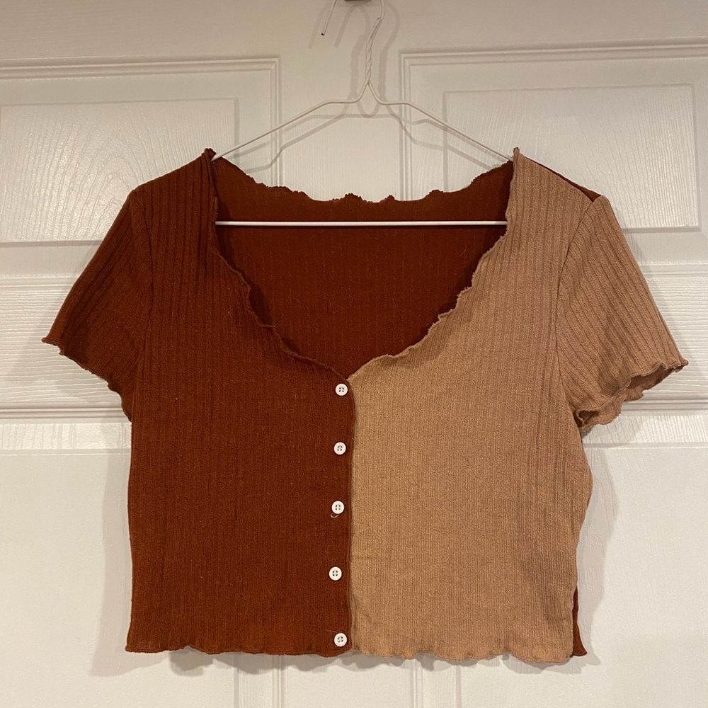 Two-Tone Brown and Tan Button-Up Women's Top